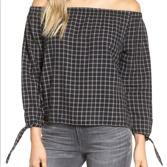 MADEWELL Off Shoulder Top Black White Plaid M L - Picture 2 of 8